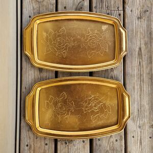 Set of 2 vintage Regal Ware aluminum serving trays in a warm gold anodized